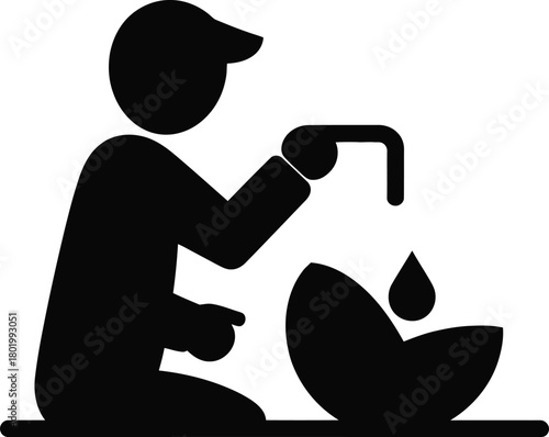 Person collecting clean water from a tap into a bowl, depicting themes of water scarcity, conservation, essential resources, and daily life necessities.