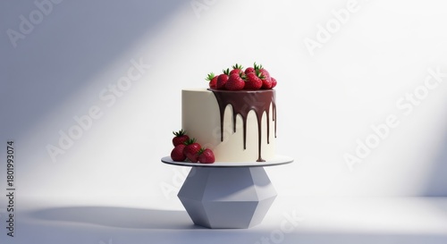 Peanut butter cheesecake a decadent white cake adorned with fresh strawberries and a rich chocolate ganache drip, presented on a modern geometric cake stand against a clean, softly lit background