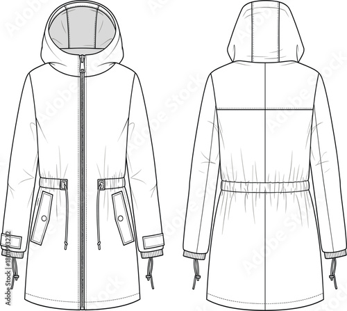 Hooded long line parka jacket vector technical fashion sketch template, drawstring waist, front and back view, outerwear apparel mockup