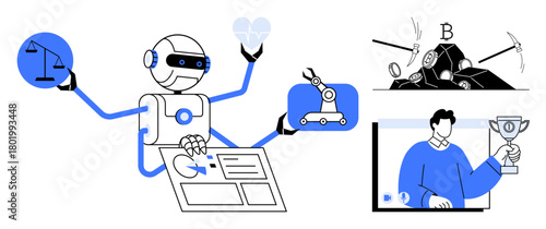 Robot handling justice scales, robotic arm, cryptocurrency mining, and online trophies. Ideal for technology, AI integration, digital finance, data management, automation crypto trends future