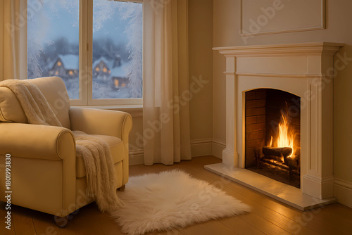 Winter living room. Cream armchair and white fireplace. The window is covered with frosty patterns, through which the outlines of a snow-covered village are visible. The atmosphere is very peaceful 