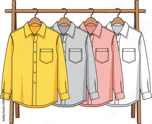 Button-down long sleeve shirts on rack vector illustration, casual dress shirt apparel design, colorful clothing store display mockup