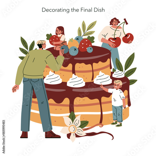 Family Decorating Giant Cake with Fruits Vector Illustration