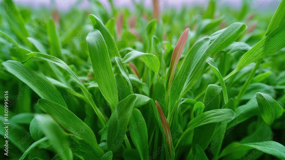Obraz premium Close-up of a group of green leaves. the leaves are long and slender, with a pointed tip at the top. they are arranged in a cluster, with some overlapping each other.