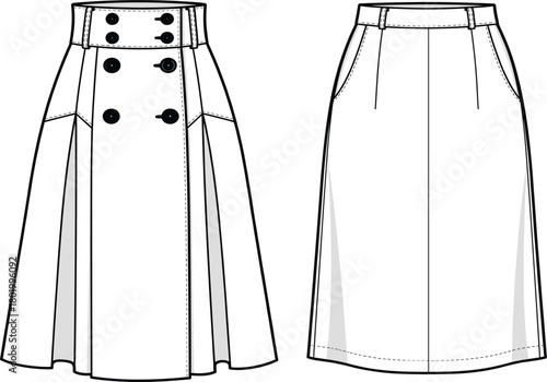 High waisted A-line midi skirt vector technical fashion sketch template, double-breasted button detail, apparel design mockup illustration