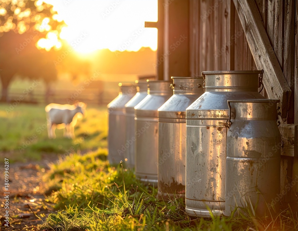 Obraz premium Milking Cans at Sunset