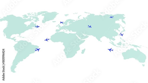 Animated World Map Air Transport. Global Flight Network with Moving Airplane Icons. Travel and Logistics Motion Graphics.