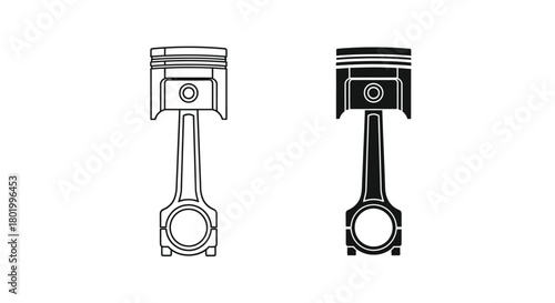 Two detailed illustrations of a piston and connecting rod, one outlined and the other filled in black.