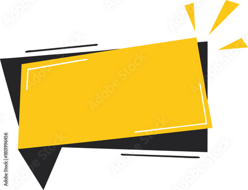 A bright yellow geometric shape with a black shadow, suggesting a speech bubble or a promotional banner.