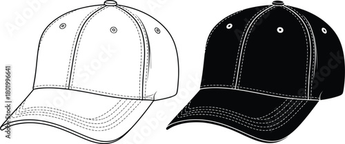 Classic six-panel baseball cap vector technical sketch, outline and silhouette front view, sport headwear apparel mockup template