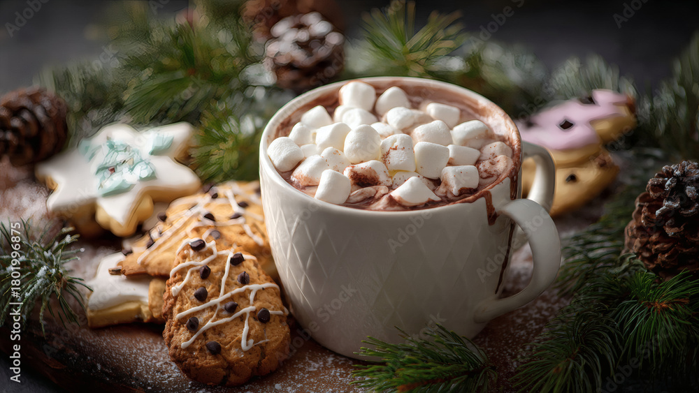 Fototapeta premium A Cup Of Hot Chocolate With Marshmallows And Cookies On The Table Next To It