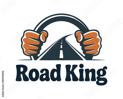 Hands holding a steering wheel with winding road logo design graphic