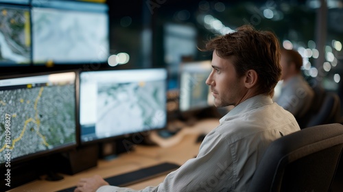 A transportation dispatch center active before dawn, screens showing flight timings, bus routes, and live GPS data — nonstop transit coordination, mobility management, and 24/7 transportation