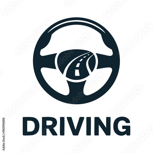 Driving icon showing a steering wheel with a winding road inside, journey.