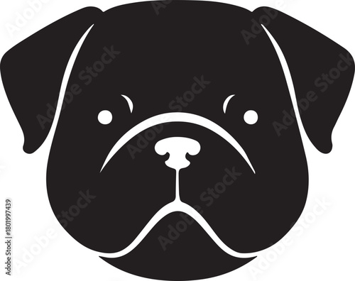 A minimalist black and white illustration of a pug s face looking sad