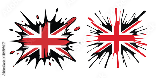 Stylized union jack flags with dynamic splash and splatter effects design