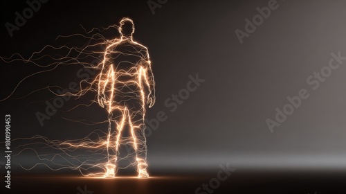 Glowing Human Silhouette Made of Light Sparks Stands Forward in Dark, Energetic Portrait With Aura
