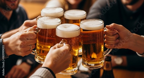 Group of friends joyfully toasting frothy mugs of golden beer together inside pub.
