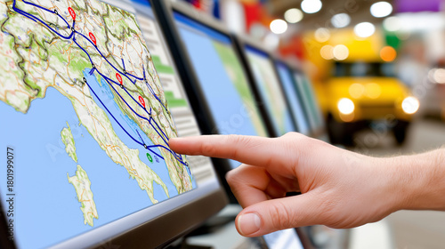 Hand interacting with a digital map display, tracing a delivery route on gps software to illustrate modern logistics, fleet management and optimized global supply chain planning