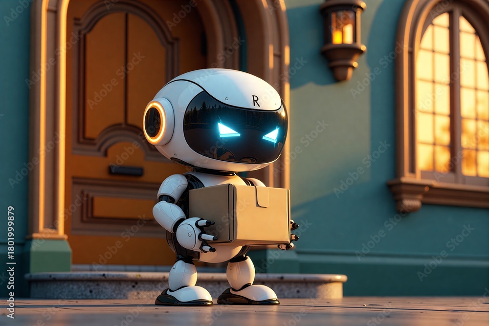 Fototapeta premium Robot courier delivers package at cozy home entrance, glowing eyes and warm lighting create futuristic yet welcoming scene.