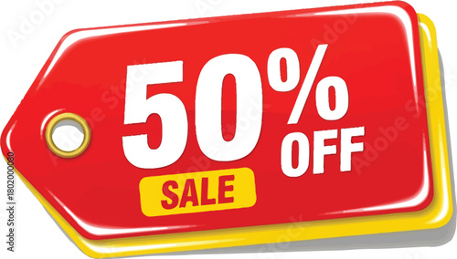 Bright red and yellow sale tag showing a fifty percent discount offer now