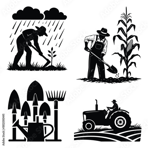 Farming and Agriculture Silhouette Set – Farmer, Tools, Tractor, Crop Icons