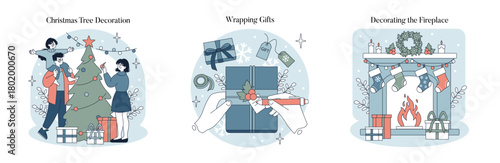 Christmas Activities Vector Illustration Set with Festive Elements
