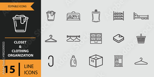 15 Closet and Clothing Organization outline icon set