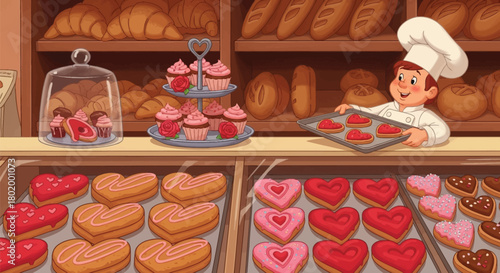 Adorable young baker proudly presenting heart-shaped Valentine's Day cookies and cupcakes in a sweet bakery shop display case filled with tempting treats