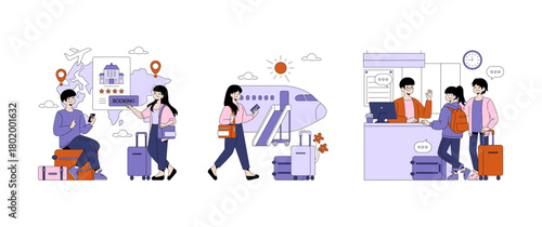 Travel Booking and Airport Check-In Vector Illustration