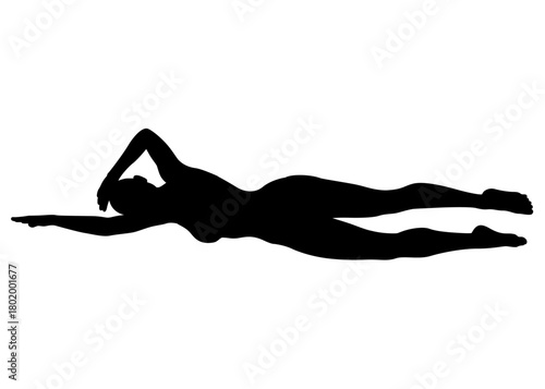 クロール 水泳でクロールを泳ぐ女性のシルエット 全身 横向き 正面のイラスト