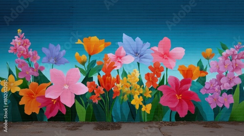 Colorful mural on a blue brick wall. the mural is made up of a variety of flowers in different colors, including pink, orange, yellow, and purple.