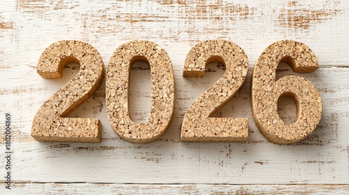 These cork blocks display the year 2026 laid out on a weathered wooden table. The arrangement offers a simple yet stylish look for decor or event planning