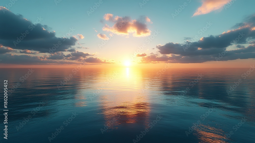 Fototapeta premium Serene Ocean Sunset Reflecting Brilliant Golden Sunlight and Soft Clouds on Calm Water