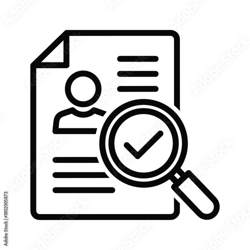 Magnifying glass over a document with a person icon and checkmark, symbolizing job search