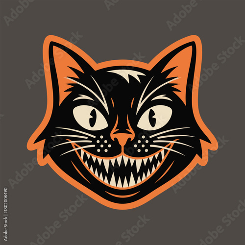 Creepy black cat with orange outline and scary smile for halloween night