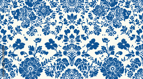 Seamless vintage floral pattern with blue and white flowers and decorative ornamental leaves