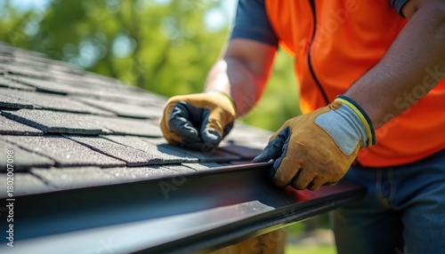 Construction worker in orange vest and gloves installs metal flashing on house roof edge. Worker ensures precise alignment for water protection and building durability on sunny day.