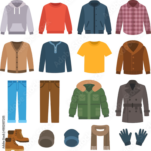 Collection of various men's clothing items displayed in a neat grid fashion on a white background