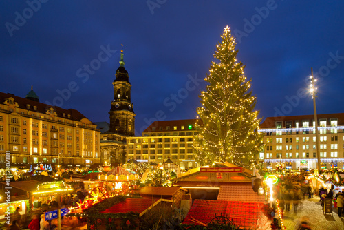 Panoramic view of the Striezelmarkt Christmas market in Dresden, Germany