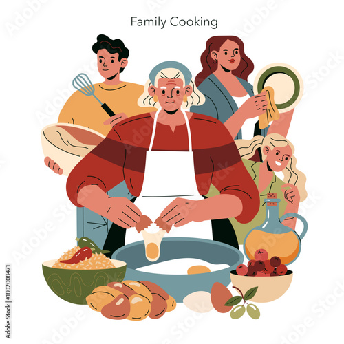 Family Cooking Together in Kitchen Vector Illustration