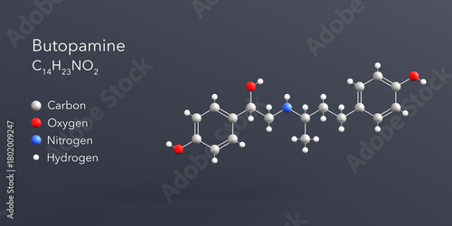 Fototapeta Naklejka Na Ścianę i Meble -  butopamine molecule 3d rendering, flat molecular structure with chemical formula and atoms color coding