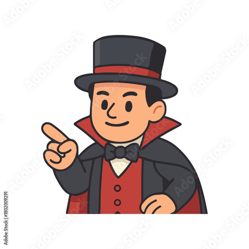 Smiling vampire man pointing finger. Dracula character in red and black costume.