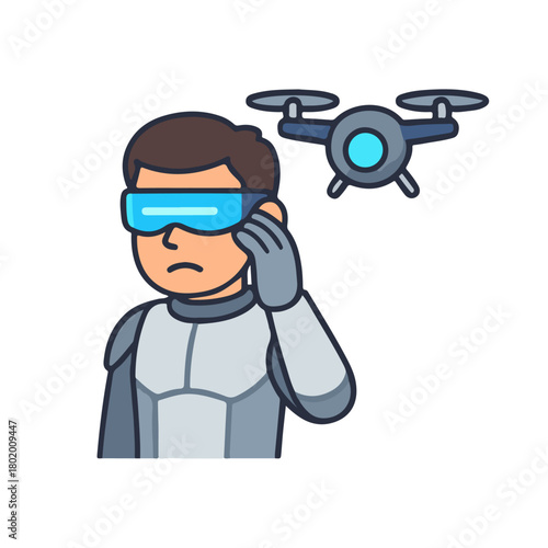 Futuristic man controlling drone. Cyber operator with flying drone. Sci-fi tech user with surveillance device