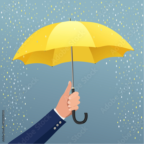 protection security concept art, raise hand holding yellow umbrella, rain snow weather, gloomy background. minimal cartoon vector