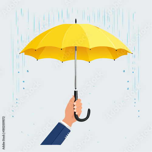 protection security concept art, raise hand holding yellow umbrella, rain snow weather, gloomy background. minimal cartoon vector
