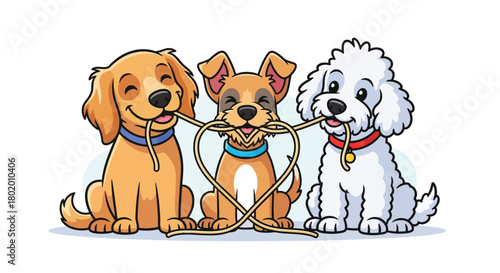 Three adorable cartoon dogs sharing spaghetti noodle love heart for pet food brand or social media engagement, funny animal illustration