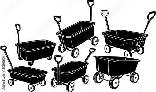 A black collection of wagons with different body and handle designs