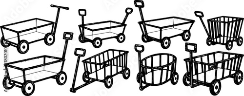 A black collection of wagons with different body and handle designs