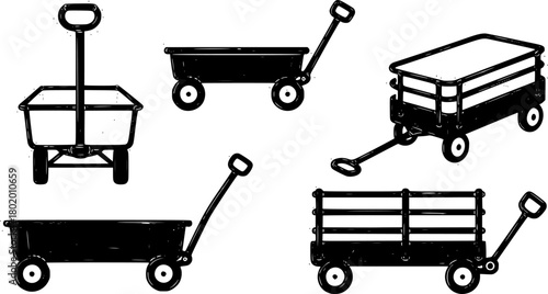 A black collection of wagons with different body and handle designs